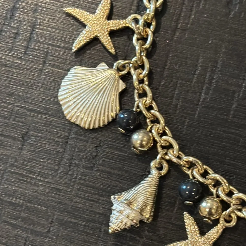 Vintage '1990's Talbot Bib Fashion Gold Tone Nautical Charm Necklace Shell Fish​
